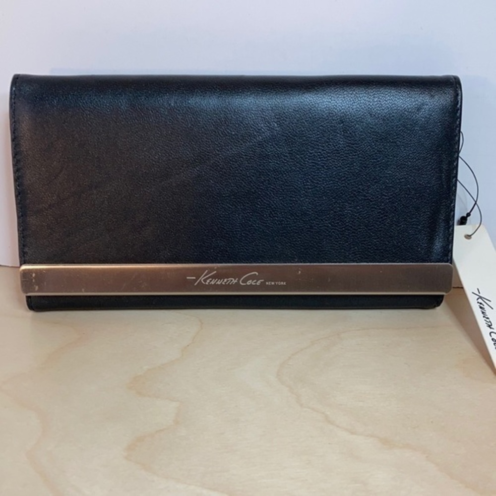 NWT Kenneth Cole black leather flap clutch